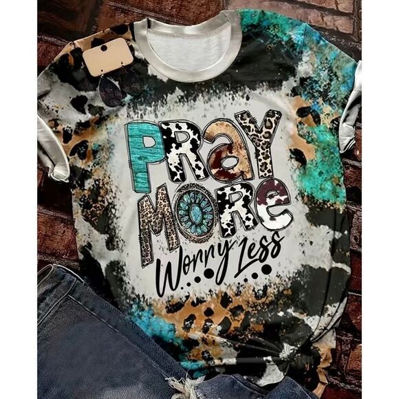 NEW SZ L “Pray More Worry Less” Western Leopard Print T-Shirt - Picture 3 of 4